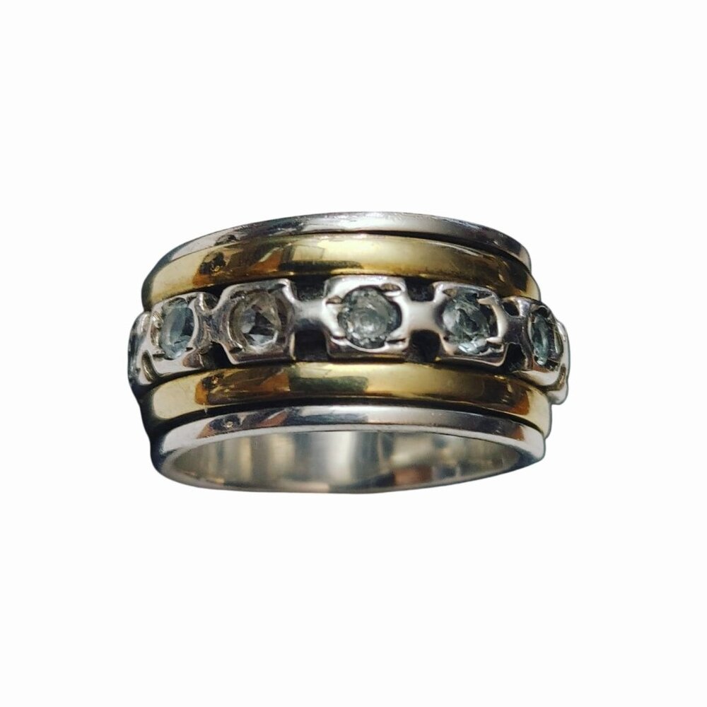 Spinner Fidget Ring  Sterling Silver 925 Gold Crystal Size 8 Handmade India